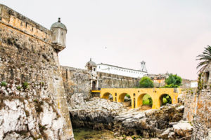 Europe, Portugal, Centro Region, Leiria District, Peniche, Fortaleza de Peniche, yellow bridge Europe, Portugal, Centro Region, Leiria District, Peniche, Fortaleza de Peniche, yellow bridge
